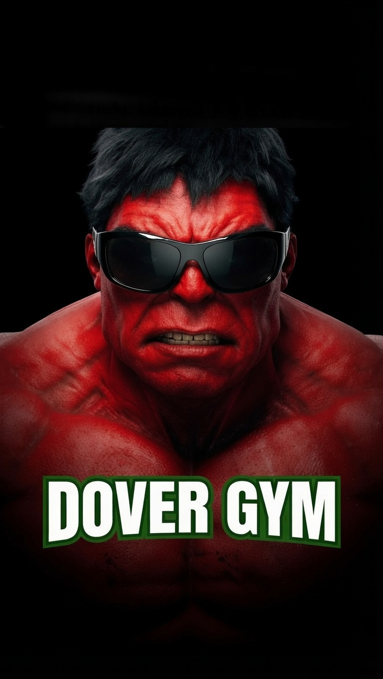 Red Hulk-style muscle beast wearing sunglasses with Dover Gym logo