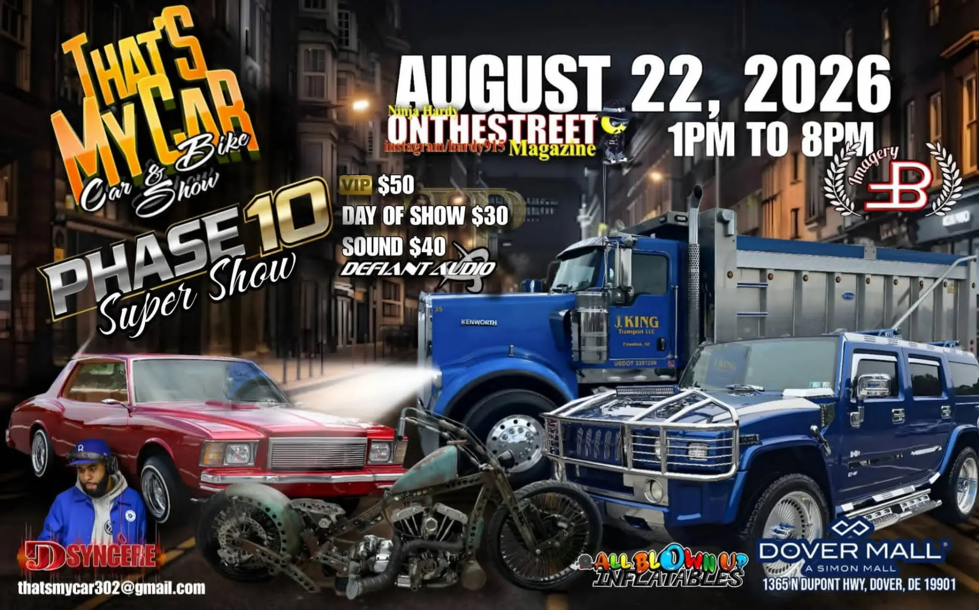 Phase 10 Super Show flyer for That's My Car & Bike Show, August 22 2026 at Dover Mall